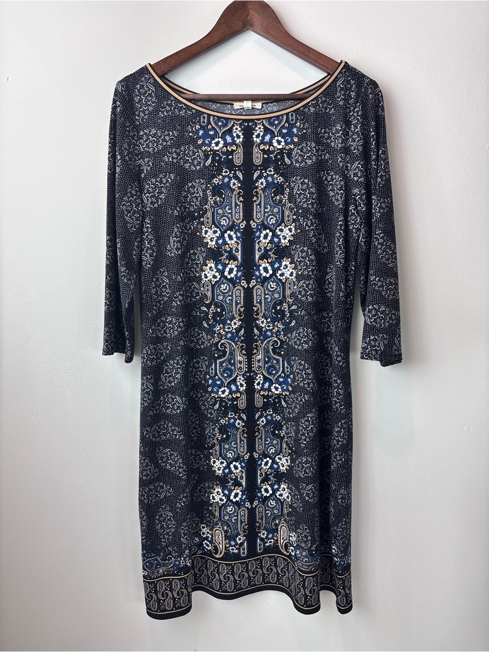 Max Studio Navy Patterned Long-Sleeve Dress with Cream and Blue Accents